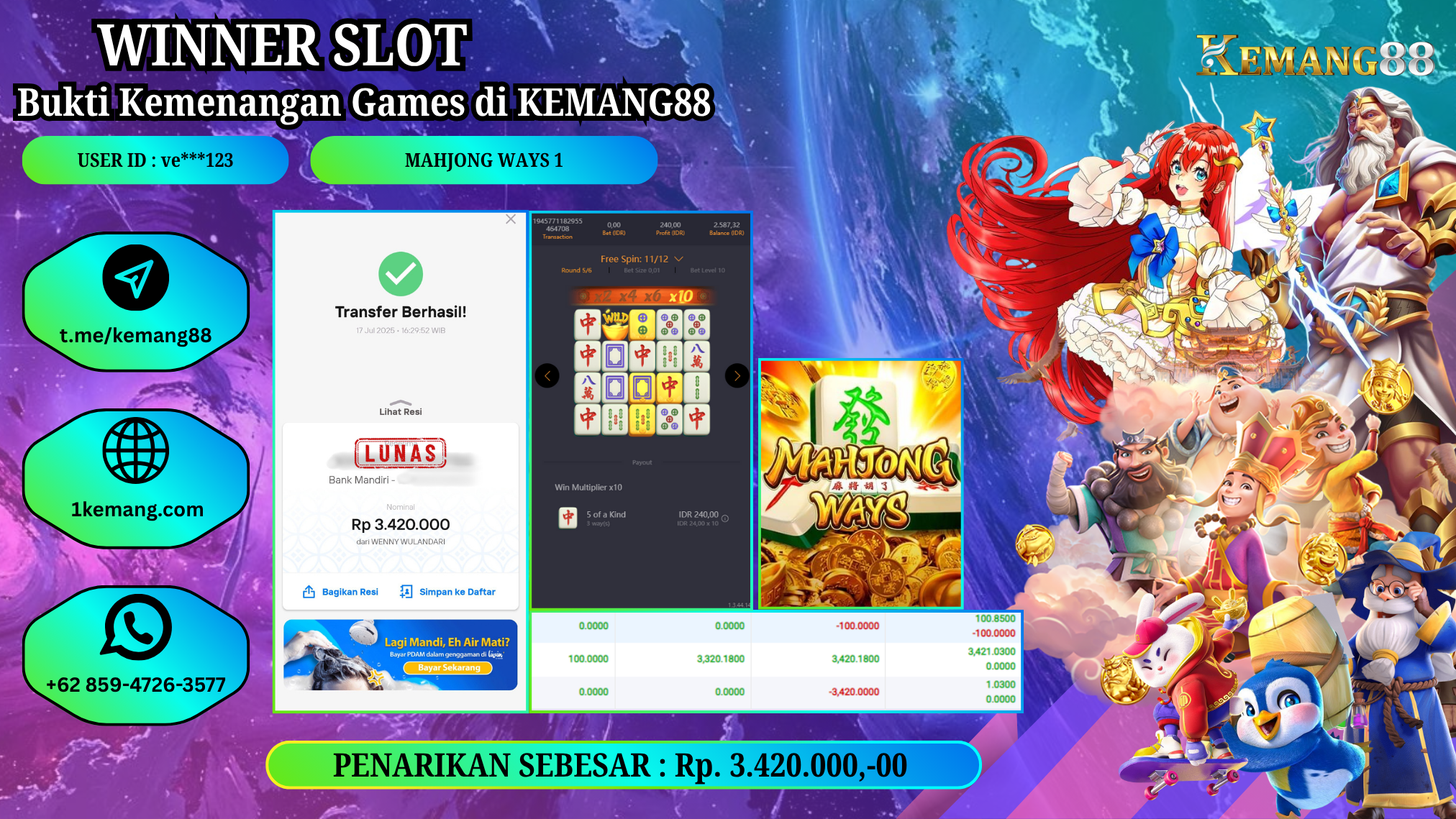 KEMANG88 [17 JULY 2025] : JACKPOT SLOT :  MAHJONG WAYS 1 [PG]  Rp.3.420.000.,- LUNAS